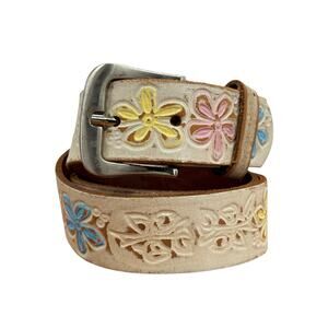 Toscana Tooled Leather Belt SZ 33 Floral Womens White Pastel Boho Western Hippie